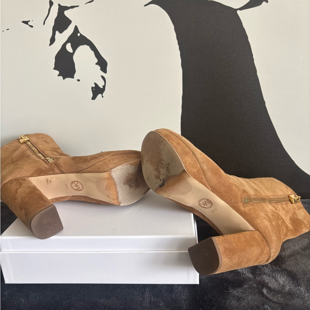 Michael Kors Cognac Suede Block Heel Ankle Boots with Gold Zip - Picture 5 of 5